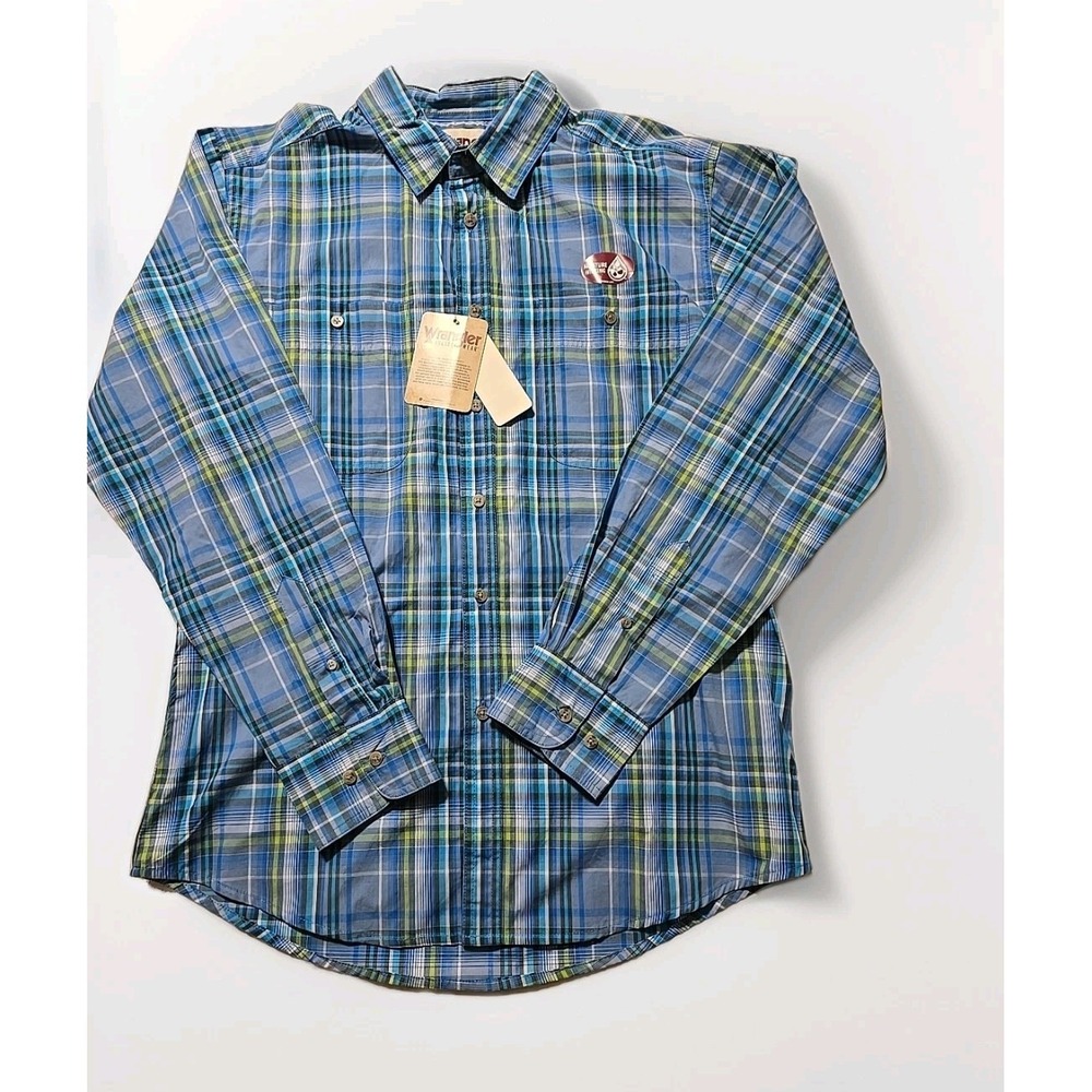 NWT Wrangler Outdoor Button Down Shirt Men's Large Blue Green‎ Plaid